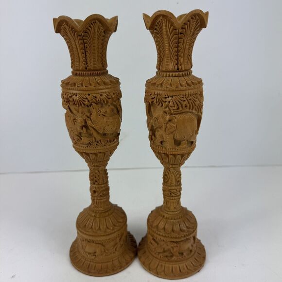 Pair Hand Carved Wooden Flower Vintage Vase Elephant Lion Home Garden Decor Art - Picture 4 of 10